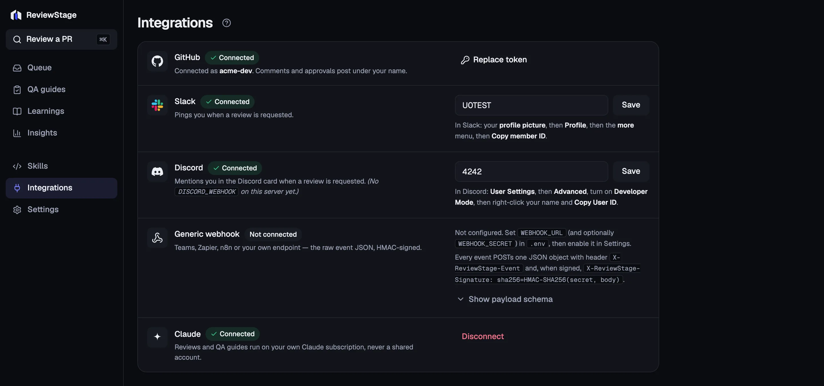 The Integrations page: GitHub connected as acme-dev, Slack and Discord connected with a member-ID field each, a generic webhook not yet configured with its signing header documented, and Claude connected.