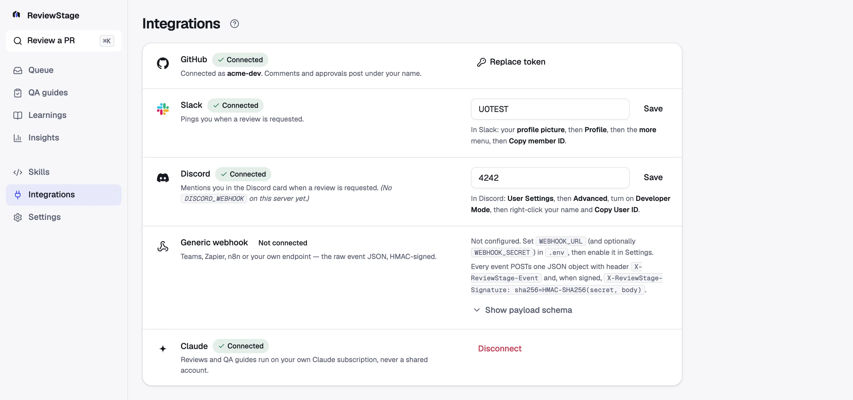 The Integrations page: GitHub connected as acme-dev, Slack and Discord connected with a member-ID field each, a generic webhook not yet configured with its signing header documented, and Claude connected.