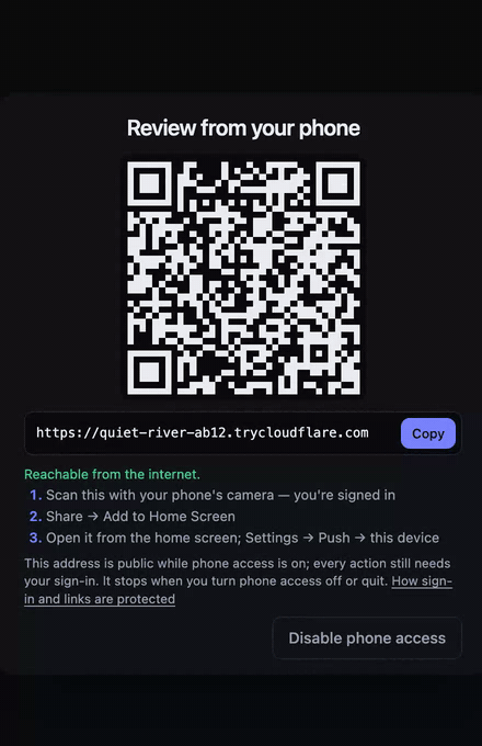 The desktop app's phone window: a QR code, the tunnel address under it, and the line 'Scanning signs you in as octocat. Code valid until 14:32 — reopen this window for a new one.'