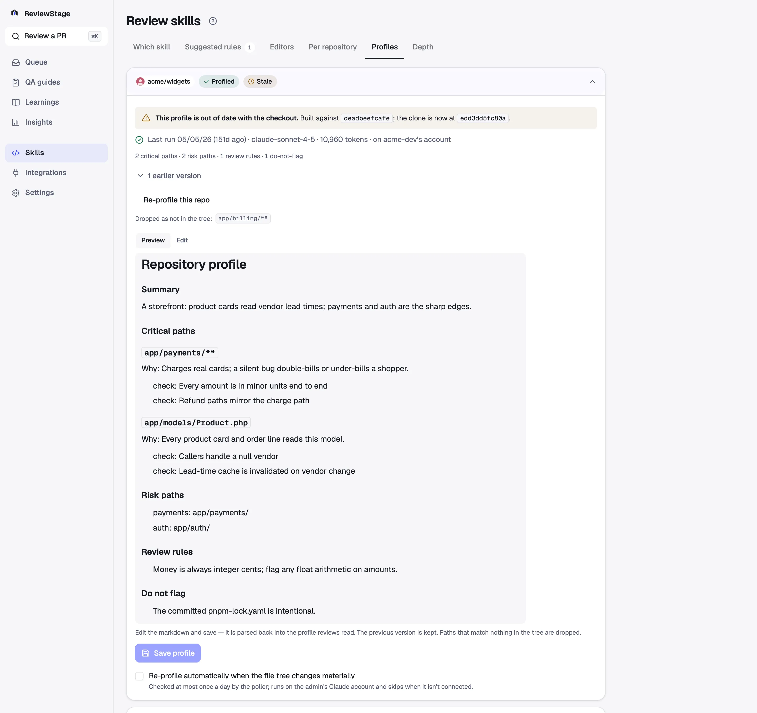 The Skills page’s Profiles tab with the acme/widgets profile open: Profiled and Stale status words, a banner saying the profile is out of date with the checkout, the last-run line with model and tokens, the path counts, a Re-profile button, and the rendered profile with its critical paths, risk paths, review rules and do-not-flag list.