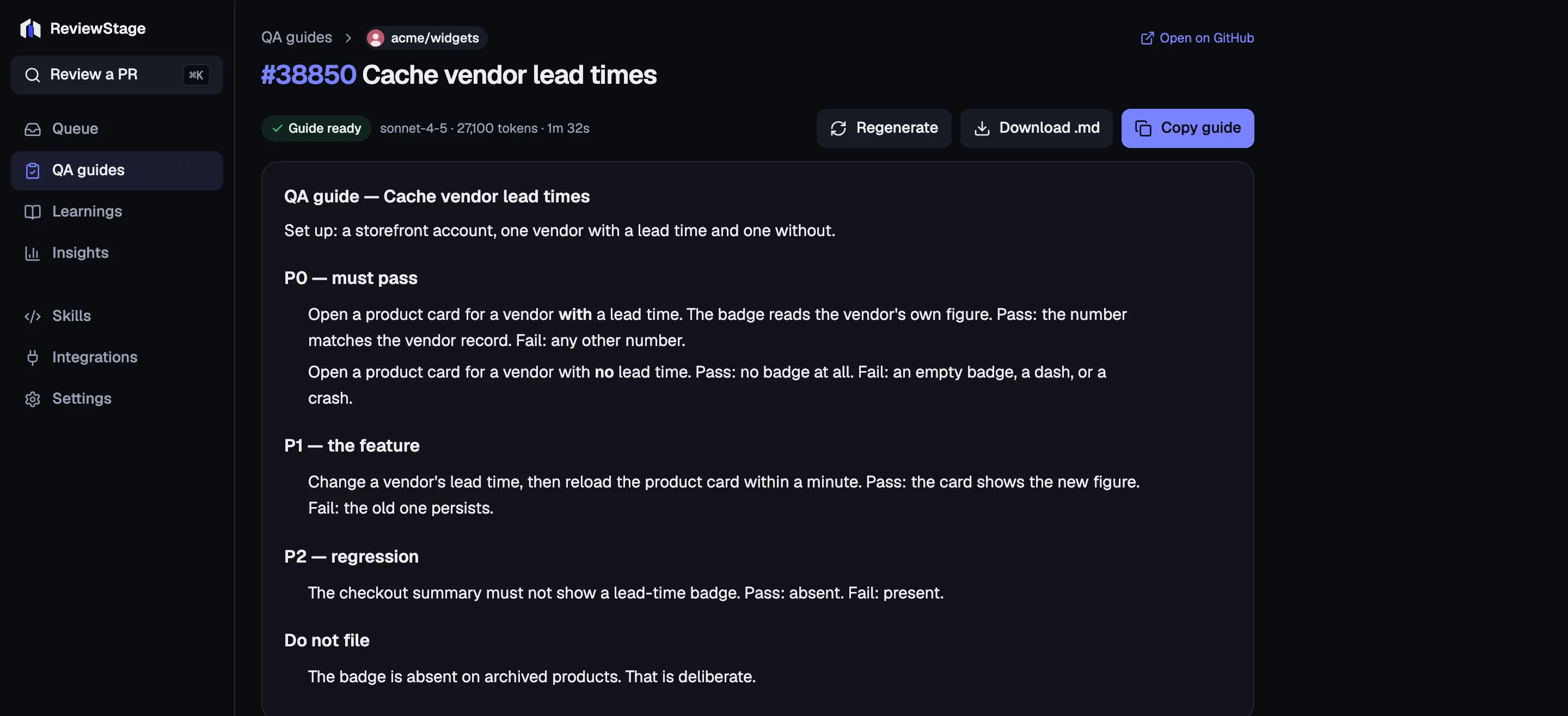 A generated QA guide for acme/widgets #38850: the model, token count and run time above set-up notes, then numbered P0, P1 and P2 cases each with explicit pass and fail conditions, and a “Do not file” section.