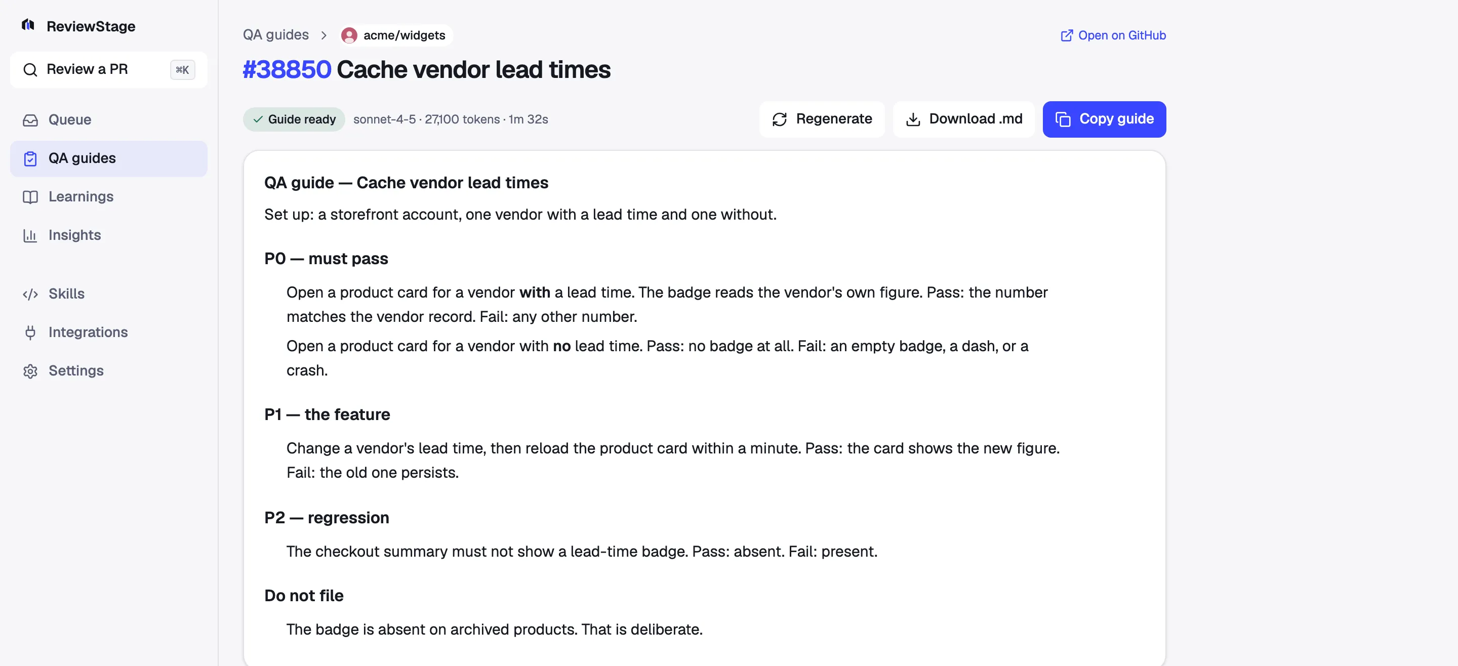 A generated QA guide for acme/widgets #38850: the model, token count and run time above set-up notes, then numbered P0, P1 and P2 cases each with explicit pass and fail conditions, and a “Do not file” section.