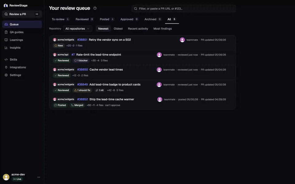 A PR URL is pasted into Review a PR, the review runs, findings appear as cards, two are ticked, Post is clicked and the timeline shows Comments posted.