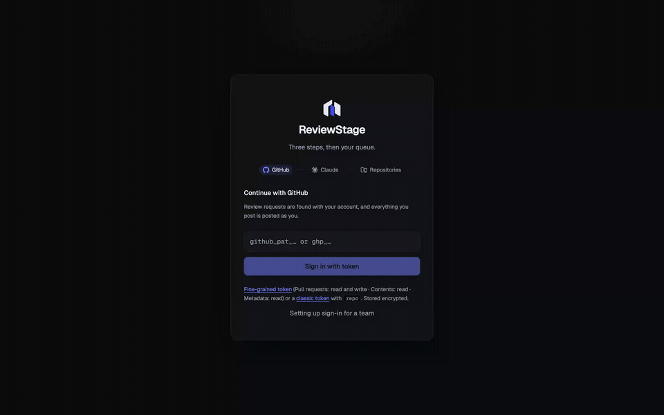 The three wizard steps in the desktop app: Continue with GitHub, Connect Claude, then a searchable list of repositories with a Start reviewing button.